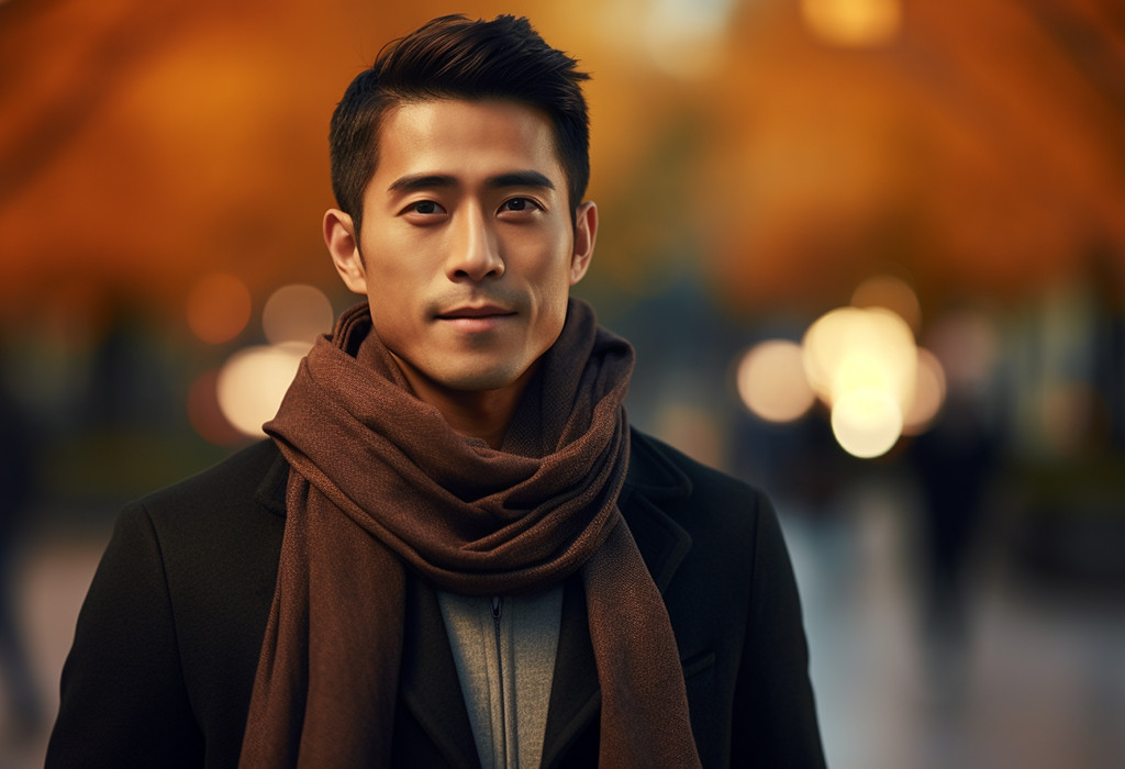 Man wearing a scarf once around his neck with a casual jacket