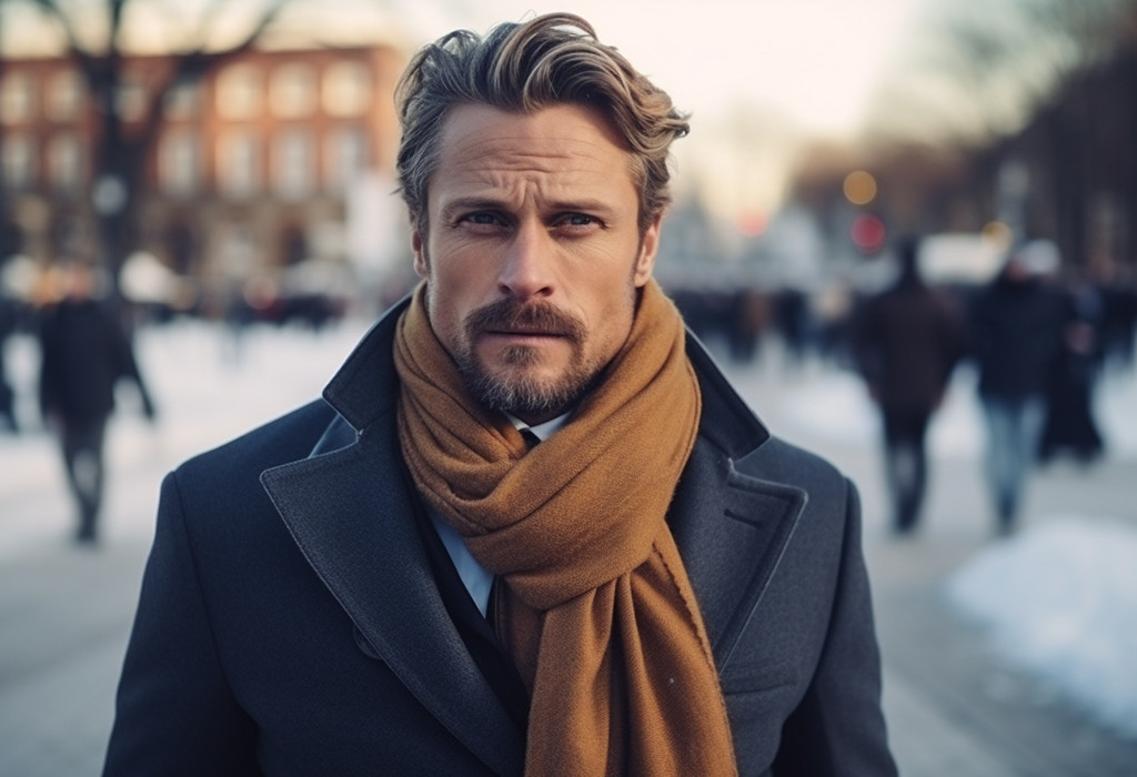 Man wearing a Parisian knot scarf with a formal overcoat