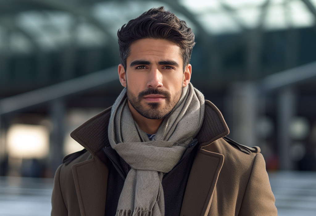 Man wearing a reverse drape tuck scarf with a stylish jacket