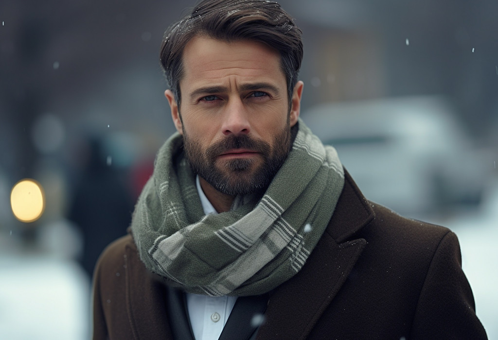 Man wearing a reverse drape scarf with a winter coat