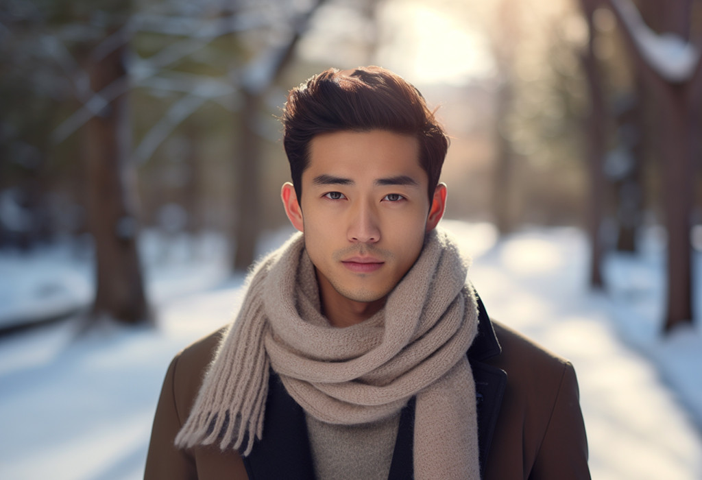 Man wearing a twice around scarf with a winter coat