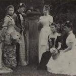 Scrope sisters, late 1880s, showcase middle-of-the-road fashion with sheer fabrics, loose-cut bodices, and medium-full skirts, reflecting the aesthetic style of the era.