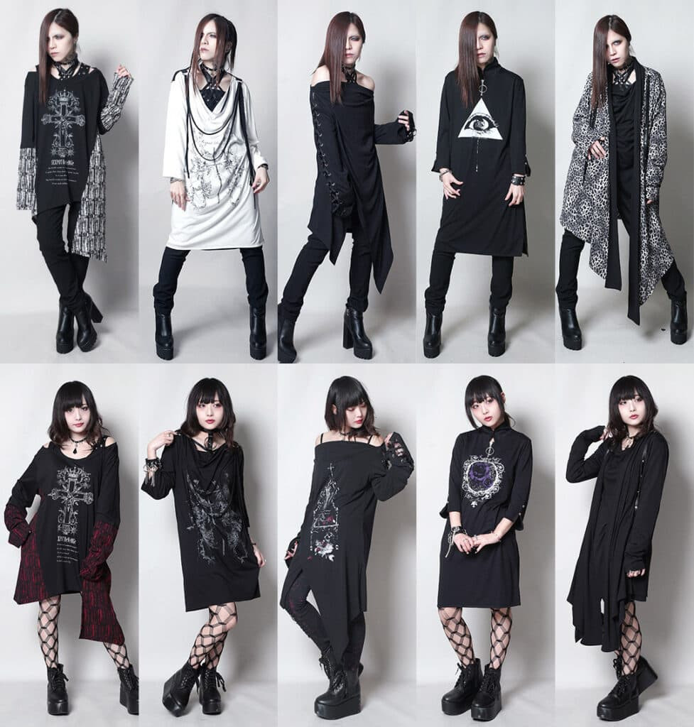 Collage of 10 different punk outfits from SEX POT ReVeNGe, displaying the brand's bold blend of punk, rock, and gothic styles, perfect for both glamorous and casual looks.
