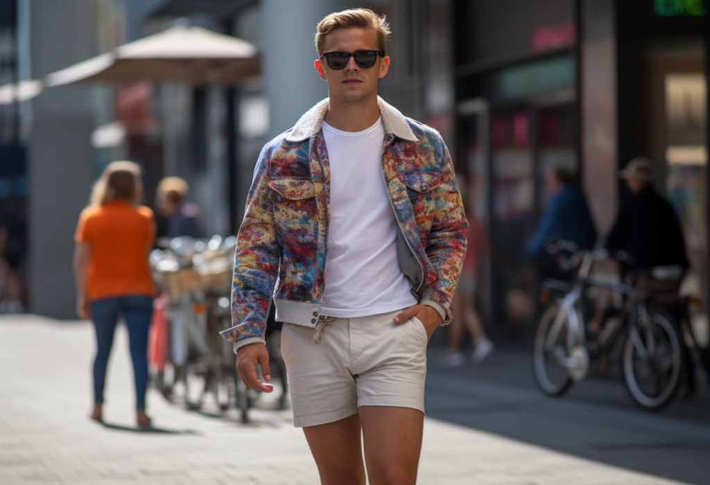 Man wearing shorts with a casual jacket, showcasing a stylish layered look