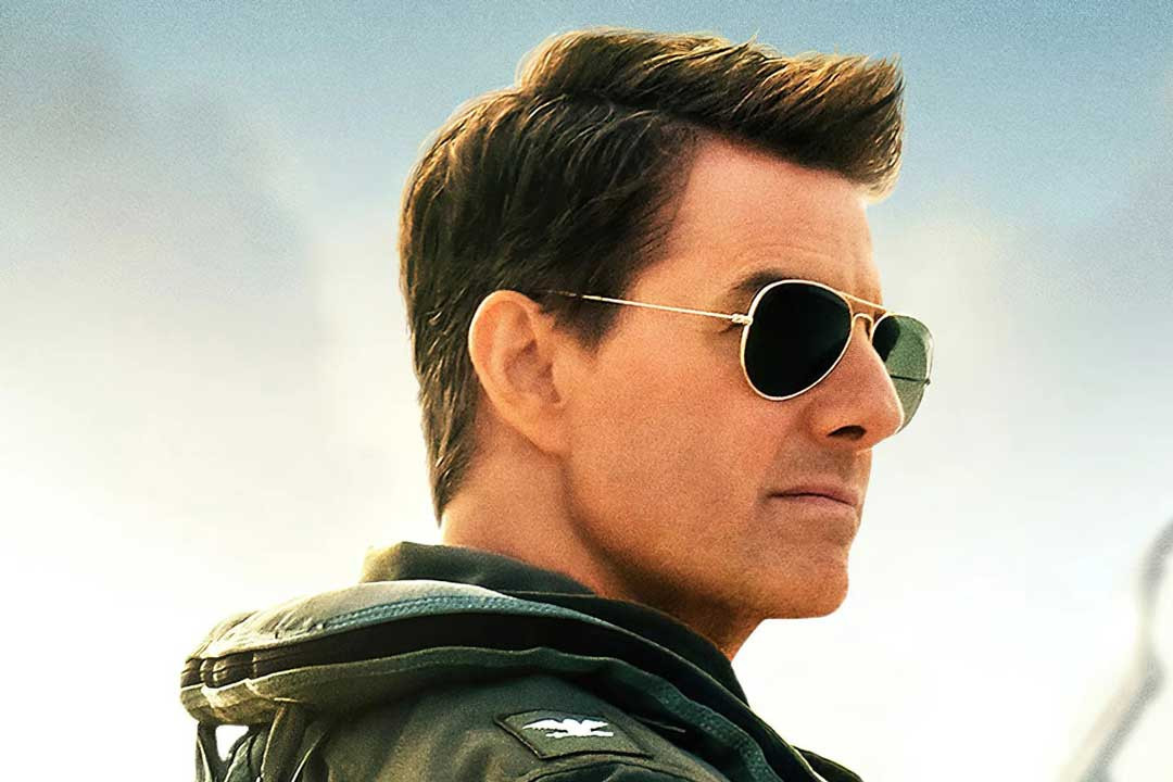 Side view of Tom Cruise wearing Aviator sunglasses in 2022 Top Gun movie