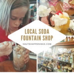 An old-fashioned soda fountain shop with classic decor and a long counter, complete with swivel stools and vintage signage, capturing the charm of a bygone era.