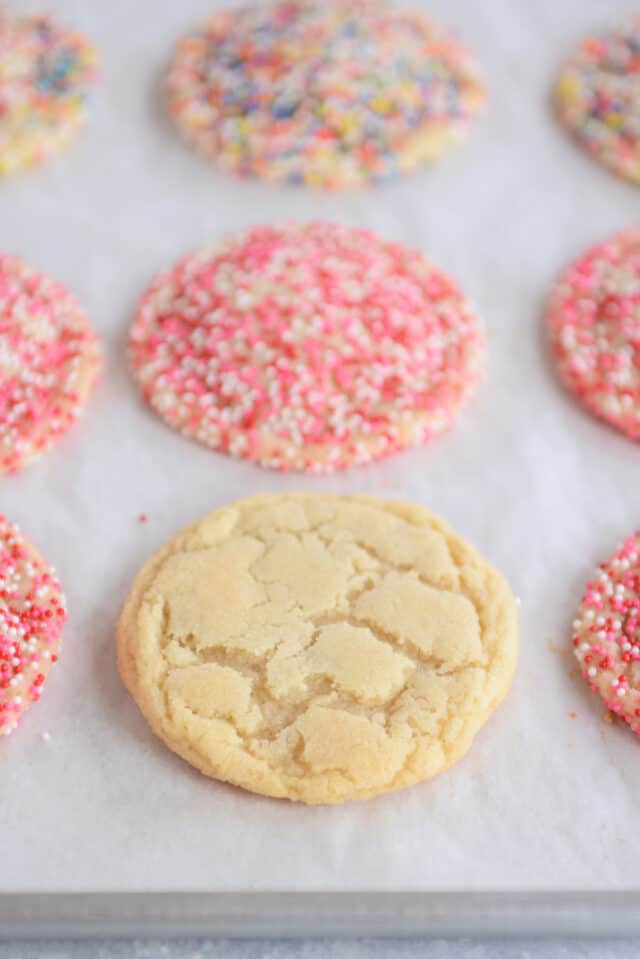Sugar cookies baked on a metal sheet.