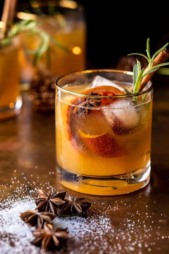 Side angled photo of spiced honey bourbon old fashioned