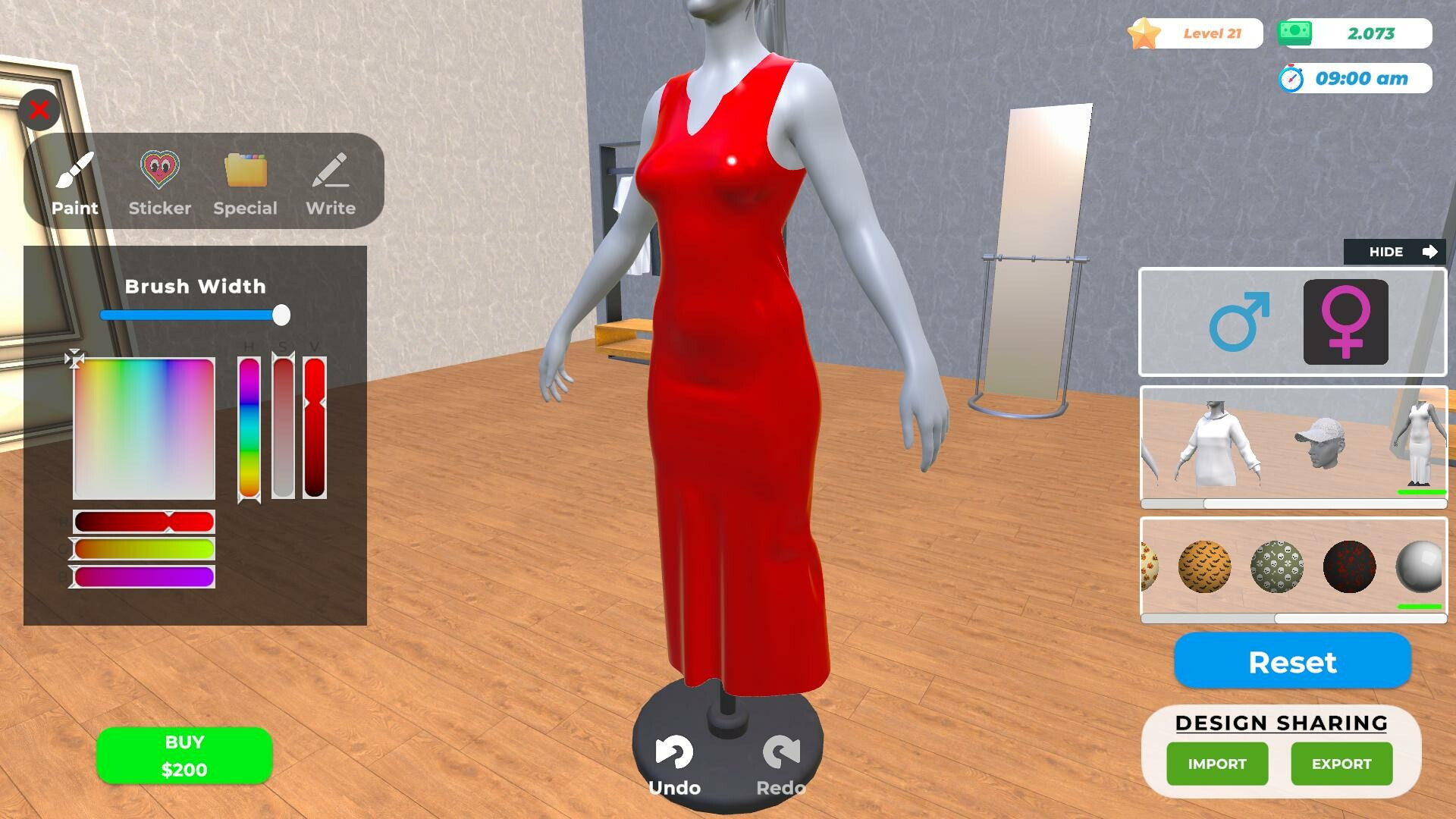 A screenshot from Clothing Store Simulator which features the customization of a sleeveless red gown