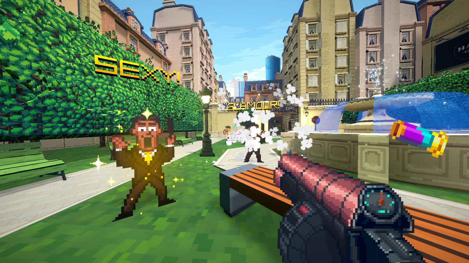 A screenshot from Fashion Police Squad, where you shoot those committing fashion crimes and give them better outfits