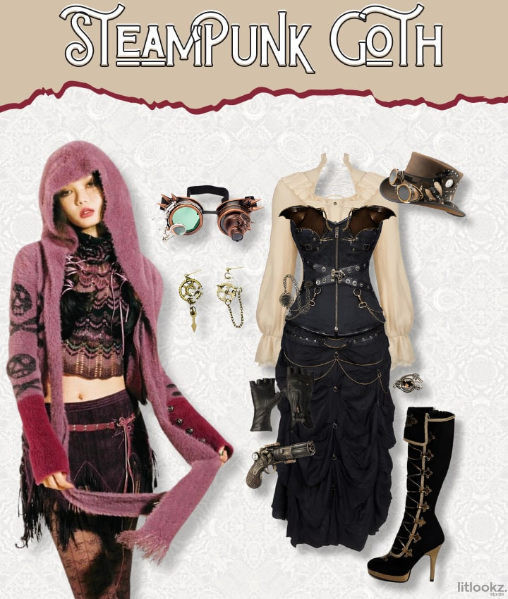 Steampunk Goth outfit featuring a corset, Victorian-style blouse, and steampunk accessories.