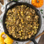 Overhead shot of turkey hash in cast iron skillet