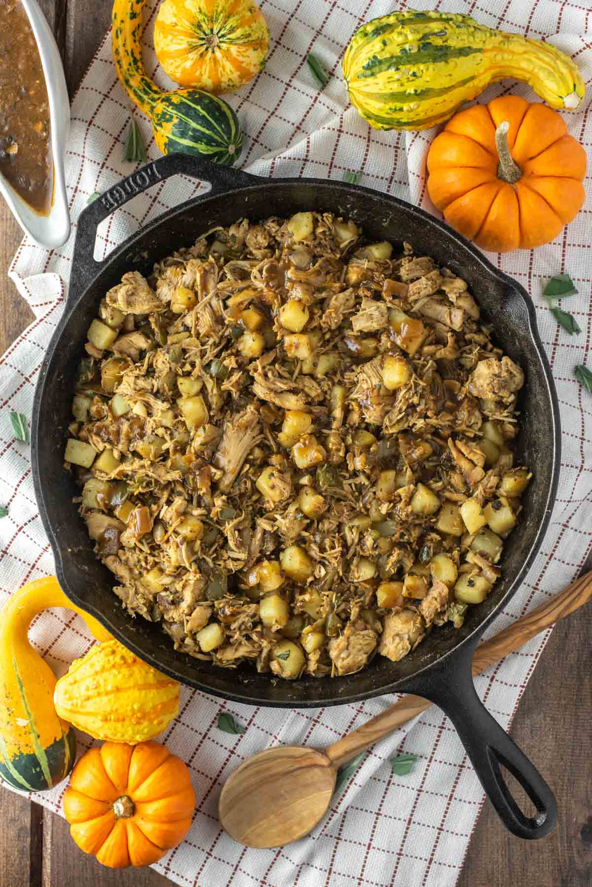 Overhead shot of turkey hash in cast iron skillet