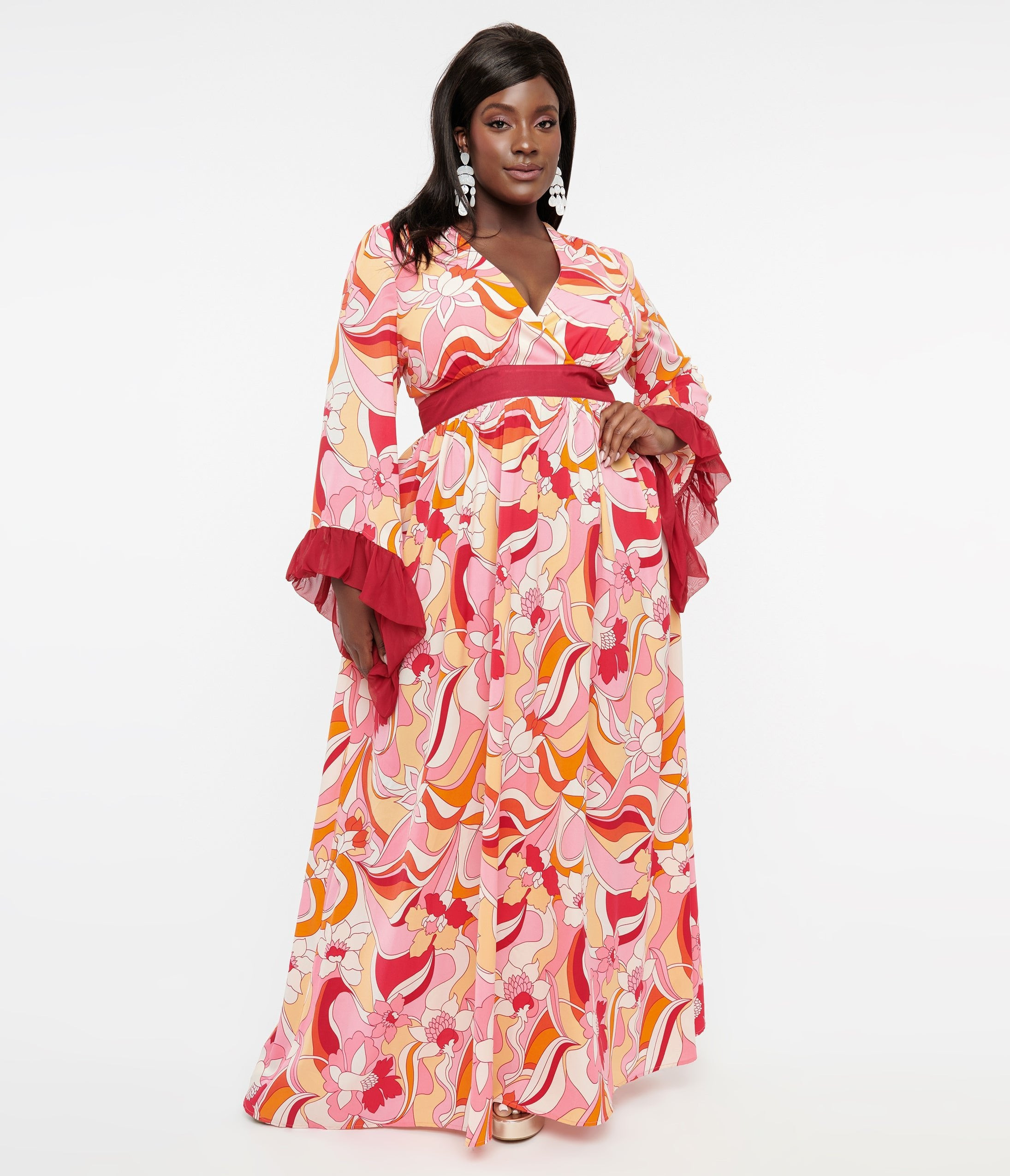 A Unique Vintage Plus Size 1960S Pink Red Psychedelic Floral Maxi Dress, $98.00