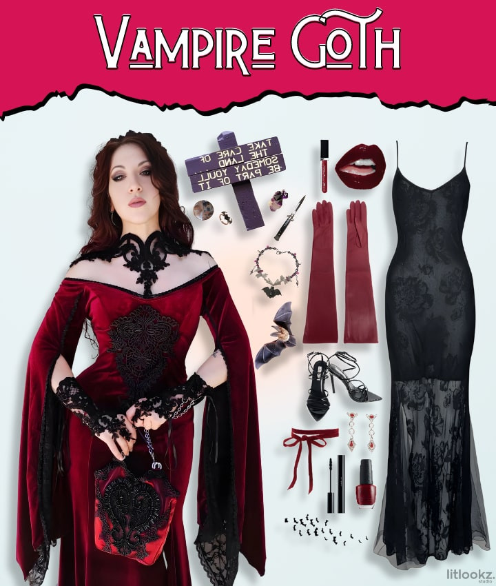 Vampire Goth outfit featuring a red velvet dress with black lace detailing, long red gloves, and gothic accessories including a black lace choker, vampire-themed earrings, a black lace parasol, and a black sheer gown with floral patterns.