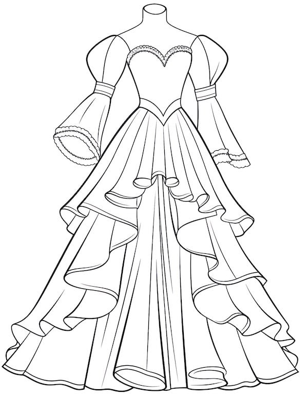 Victorian style wedding dress coloring page