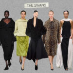 A collage of swan-inspired outfits from the F/W 24 runways, including images from Chanel, Erdem, Carven, Valentino, Michael Kors, Loewe, and Prada